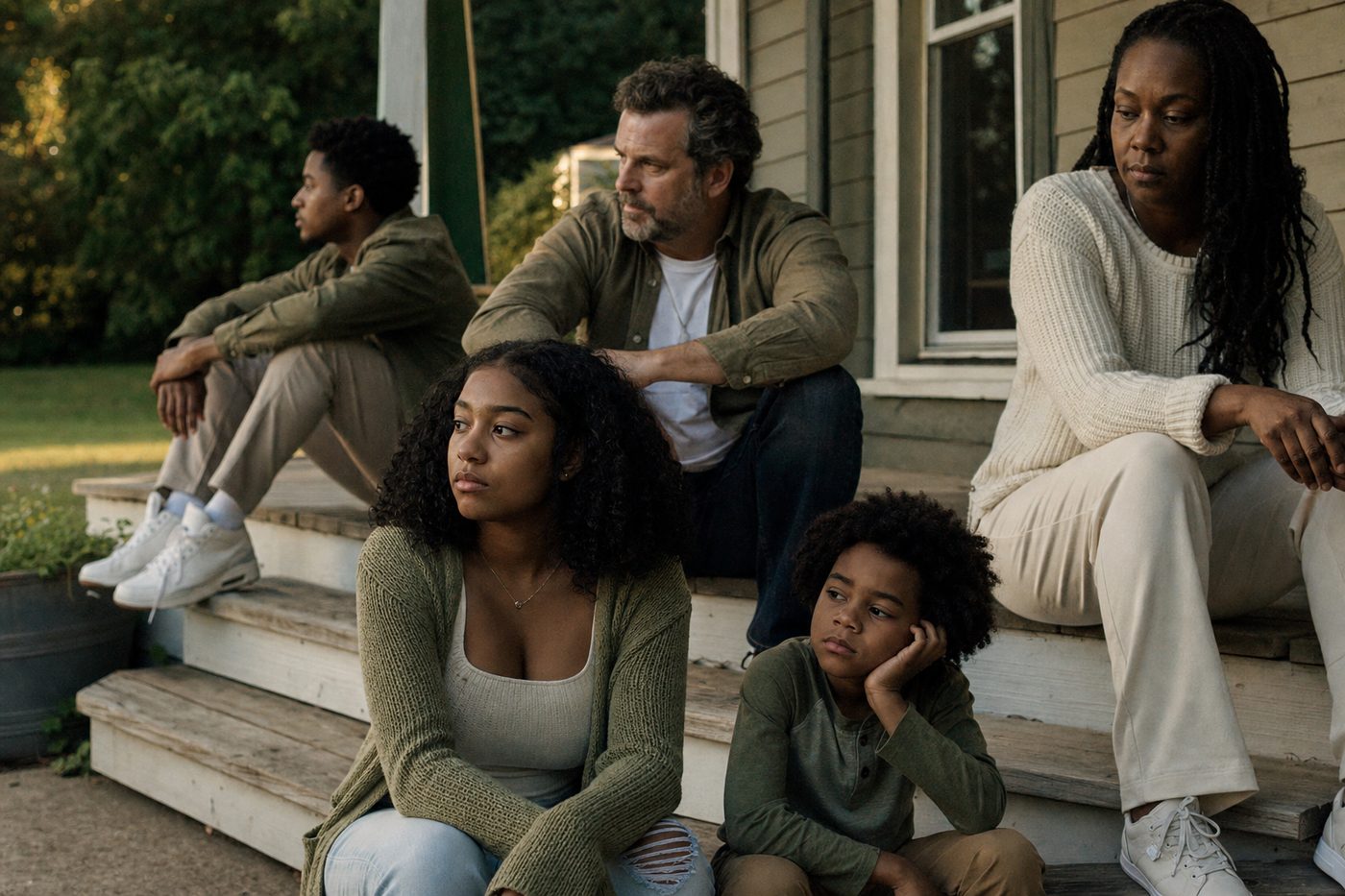A blended family of five sitting on wooden porch steps in low evening light, unposed and quiet, each looking in a different direction