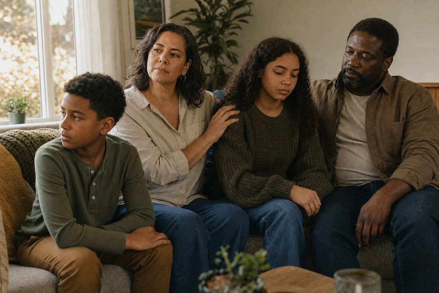 A family of four sitting close together in soft natural light, quiet and thoughtful, one adult resting a hand on a teenager's shoulder