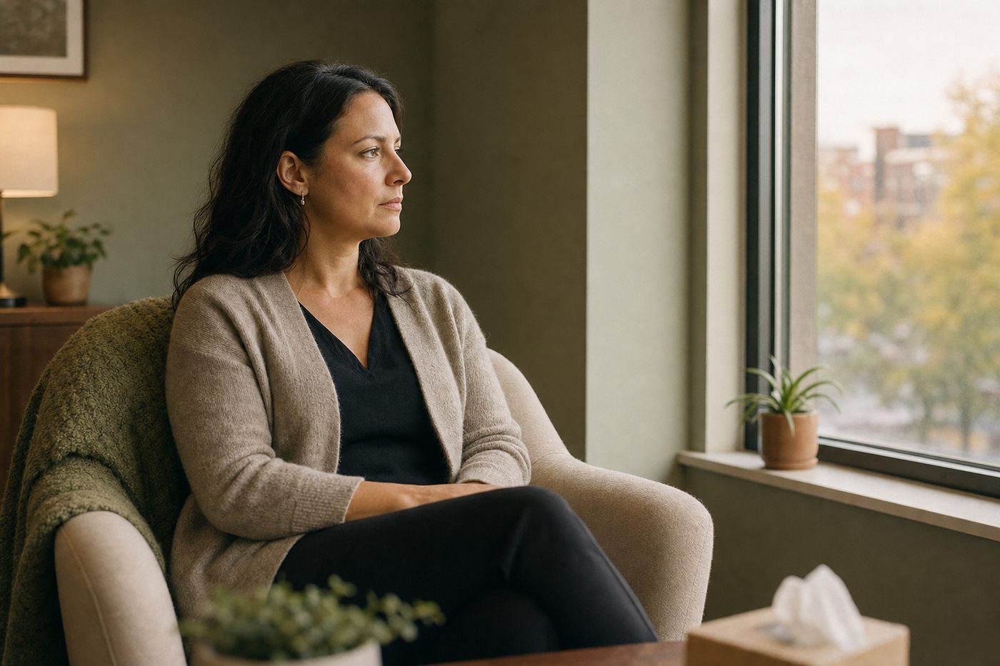 An adult woman seated in a counseling office armchair, looking out a window into the middle distance, thoughtful and composed