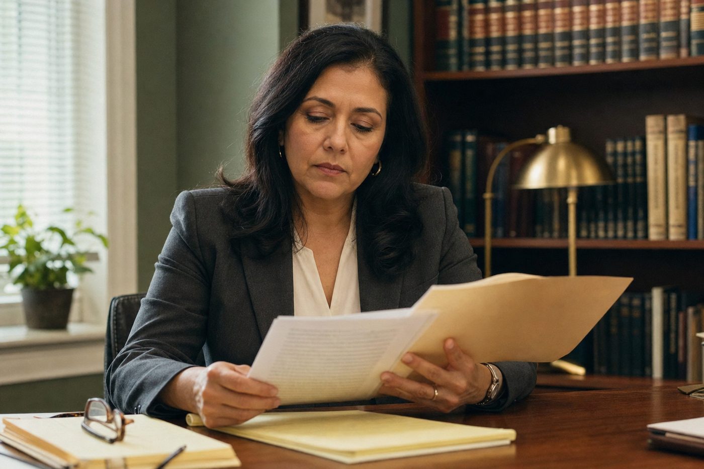 A professional woman at a wooden desk in a warm office, reading a document from a file folder beside a shelf of bound reference books and a brass lamp