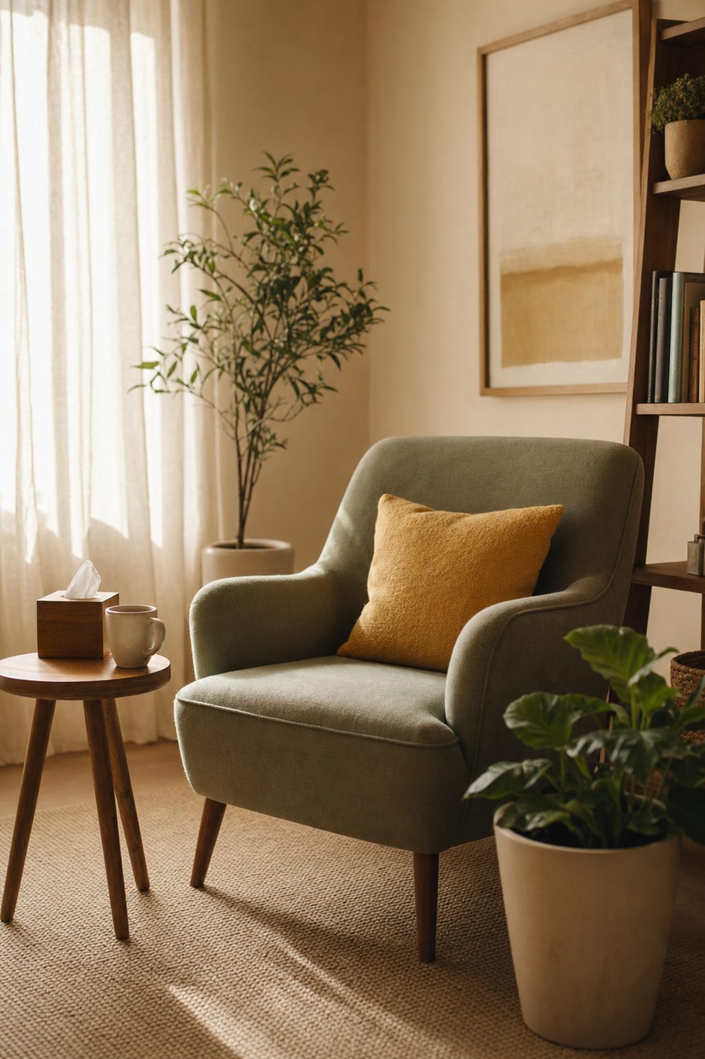 The counseling office interior, with a sage green armchair, a mustard cushion, a small wooden side table holding a mug, plants, and daylight filtered through linen curtains