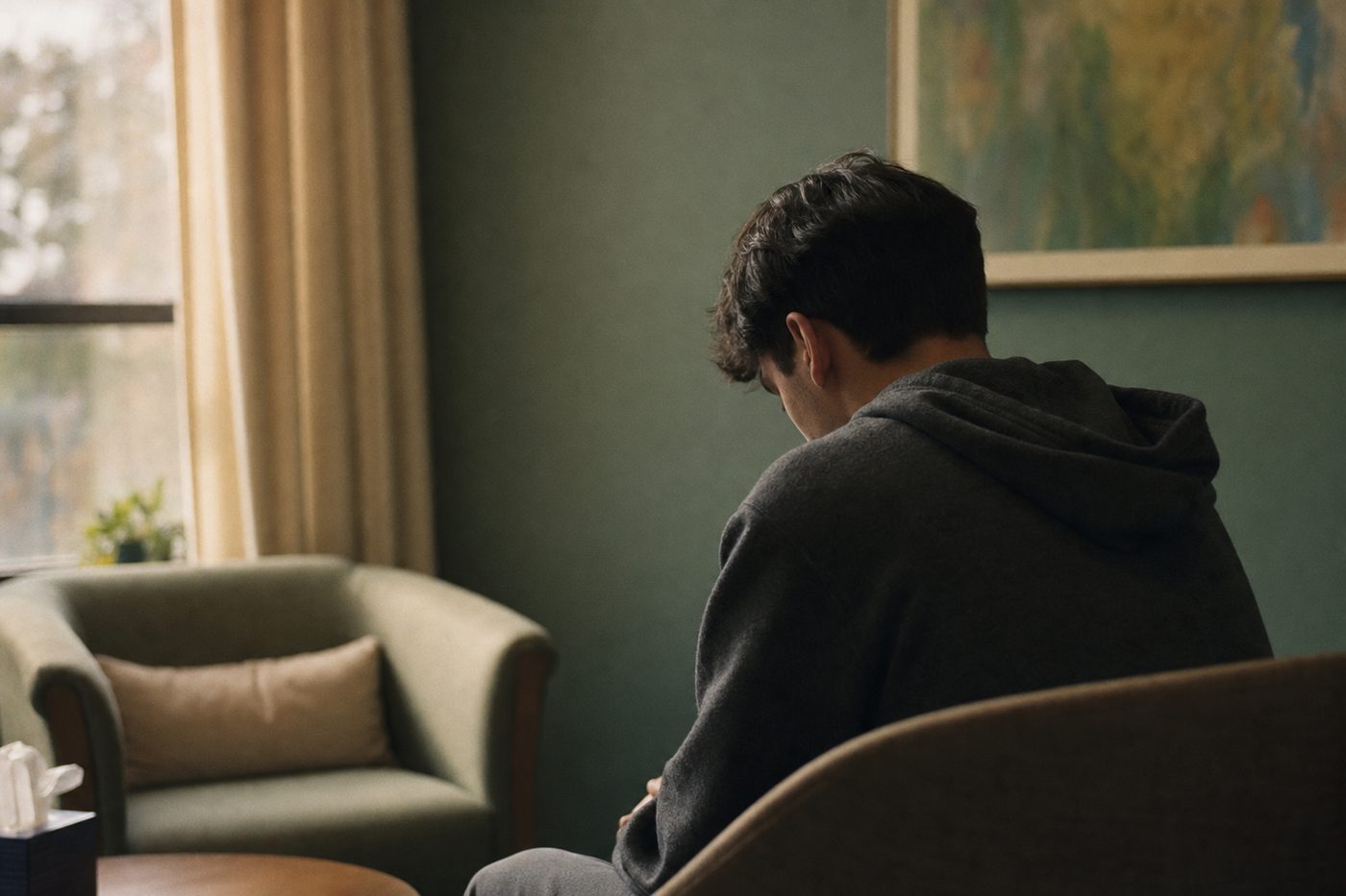 A young person seen from behind in a counseling room, head lowered in thought, an empty armchair and window in front of them